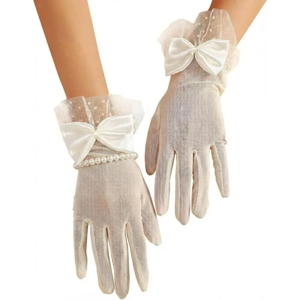 Womens White Ivory Lace Mesh Pearl Bracelet Set Vintage Bowknot Polka Dot Gloves
